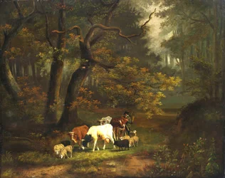 Forest Interior with Small Herd of Cows and Sheep